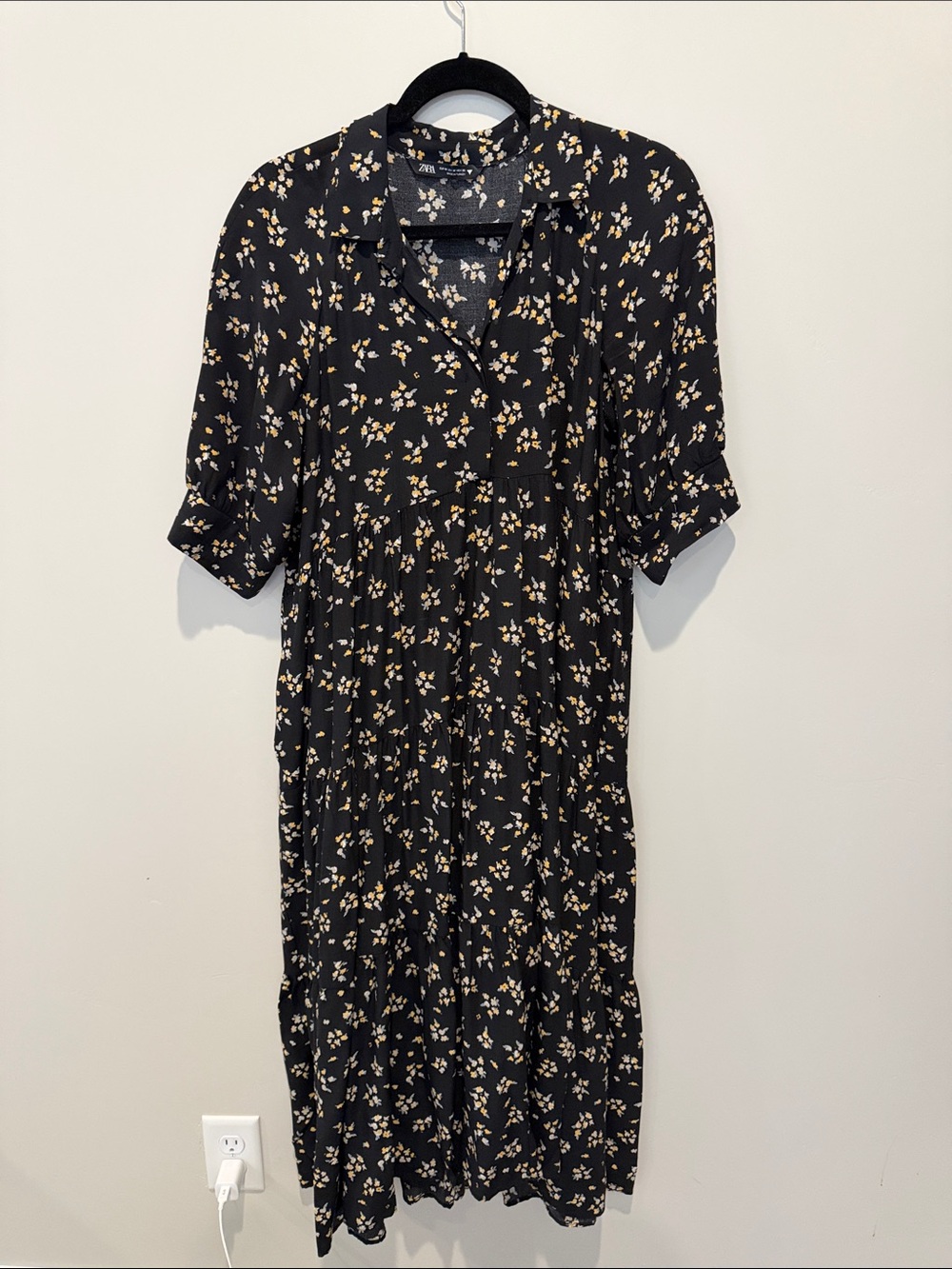 Zara Black Midi Dress with Cream and Yellow Floral Print